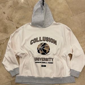 Collusion hoodie cream and grey with graphic on front. Size l/xl